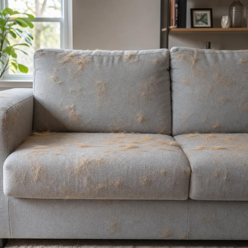 Sofa con pelo de perro antes de usar el cepillo