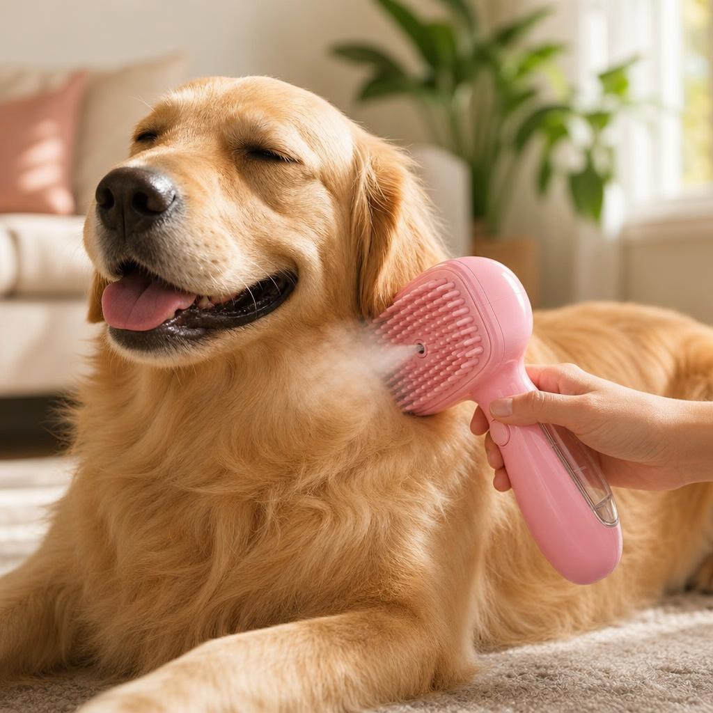 Perro golden retriever siendo cepillado con el cepillo de vapor
