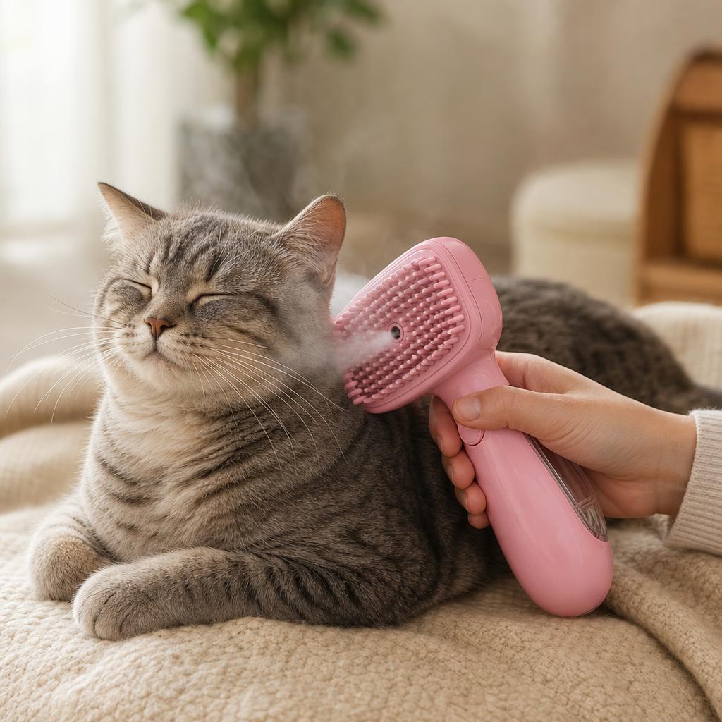 Gato atigrado relajado mientras lo cepillan con el cepillo de vapor