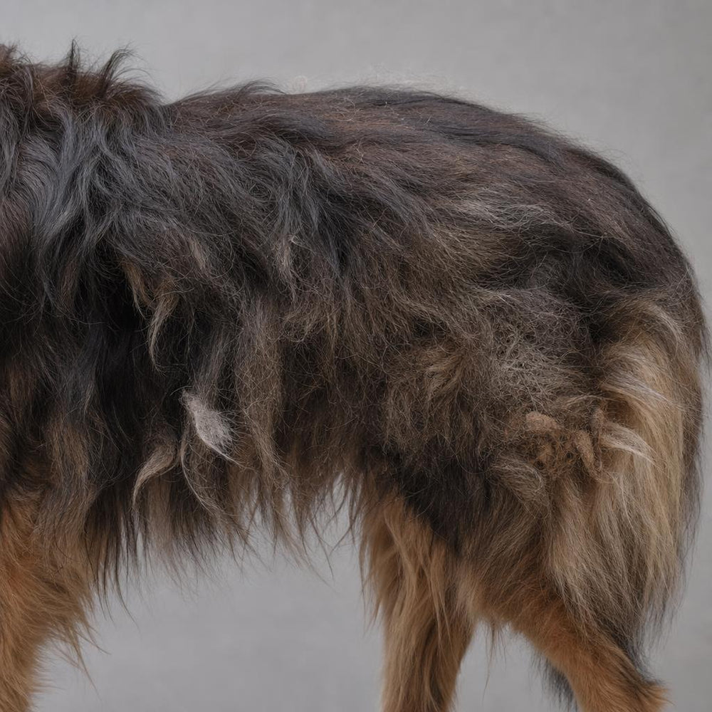 Pelaje de perro apagado y encrespado antes de usar el cepillo de vapor