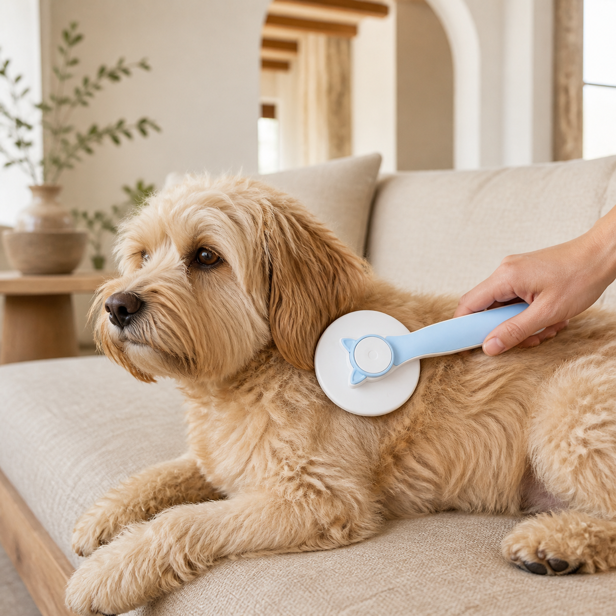 Perro siendo cepillado con un cepillo autolimpiante azul en un sofá